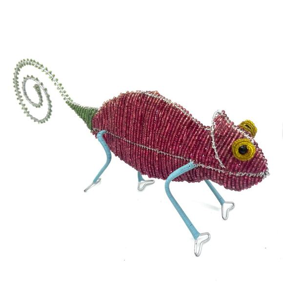 Beaded Metal Wire Chameleon Figurine Sculpture Folk Art Colorful Preowned